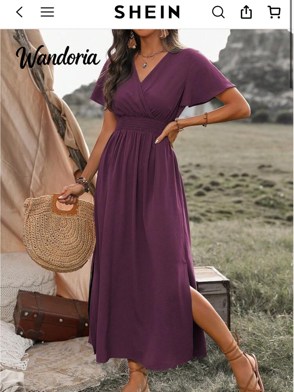 SHEIN Red Violet Maroon V-Neck Smocked Waist Maxi Dress size L gorgeous